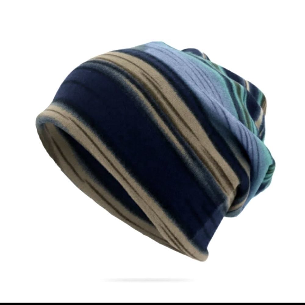 Blue stripe slouched Beanie hat scarf Multipurpose wear 5 ways